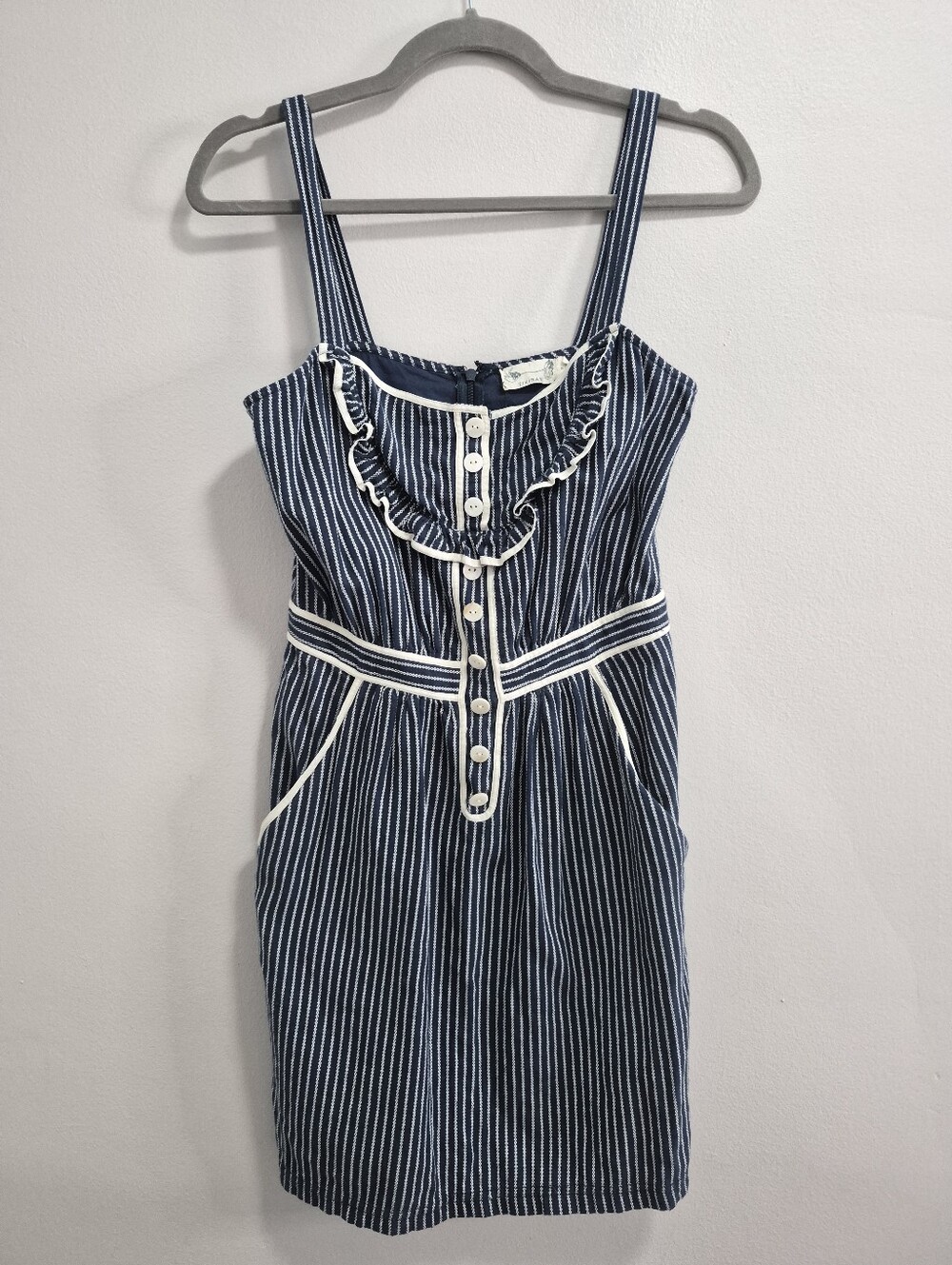Anthropologie Tikirani Cotton Striped Ruffle Button Mini Dress Size Small - Picture 2 of 8